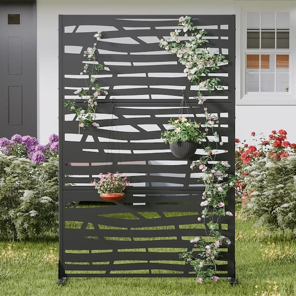 47 in. W x 71 in. H Black Jungle Rectangle Galvanized Sheet Outdoor Private Screen Decorative Art Panel