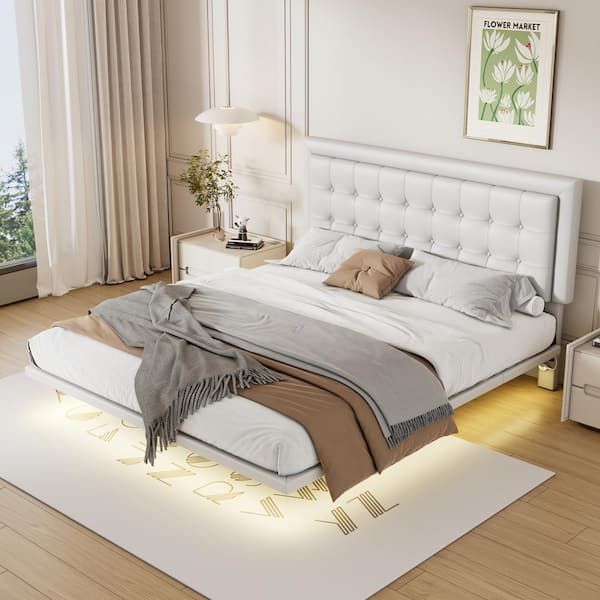 Harper & Bright Designs Floating Style White Wood Frame Queen Size PU Upholstered Platform Bed with Motion Activated Night Lights