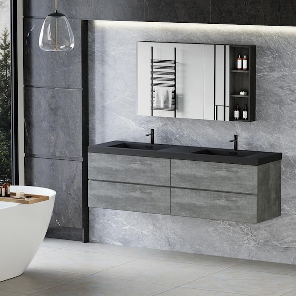 72 in. W Floating Bath Vanity in Grey with Two Black Quartz Sand Top Basins, 4 Soft Close Drawers