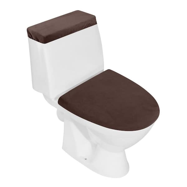 Stretch Velvet U-Shape Toilet Lid Cover and Toilet Tank Lid Cover in Brown with Elastic Bottom for Bathroom