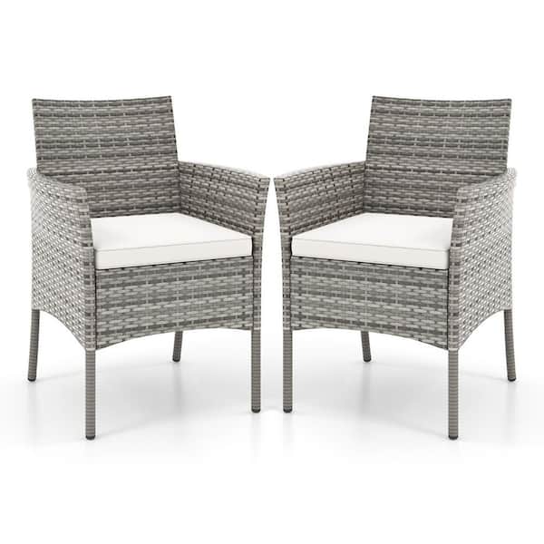 Wicker Outdoor Dining Chair Armchairs with Cozy White Seat Cushions (2-Pack)