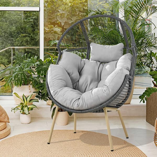 Patio Dark Gray Wicker Egg Chair Outdoor Lounge Chair with Light Gray Cushion