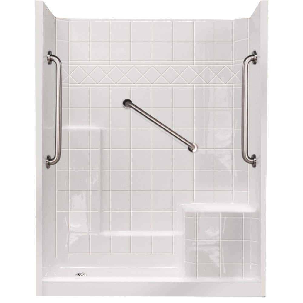 Ella Basic 37 in. x 48 in. x 80 in. AcrylX 1-Piece Low Threshold Shower Wall and Shower Pan in White, Center Drain, LHS Seat