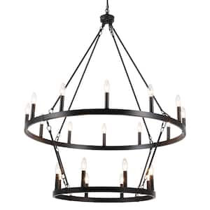 Wiam 40 in. 20 Light Black 2-Tiers Candle Style Dimmable Farmhouse Wagon Wheel Chandelier for Entryway Living Room Foyer