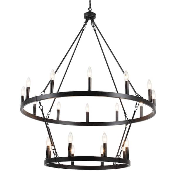LWYTJO Wiam 40 in. 20 Light Black 2-Tiers Candle Style Dimmable Farmhouse Wagon Wheel Chandelier for Entryway Living Room Foyer