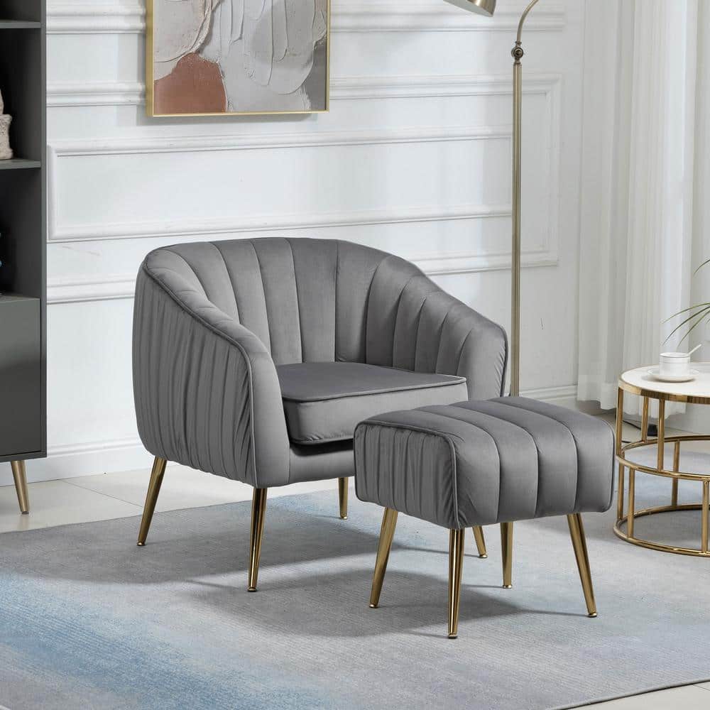 Gray Velvet Accent Chair with Ottoman Barrel Arm Chair Set Modern Tufted Up