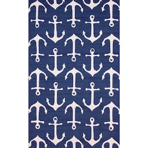 Nautical Anchors Navy Doormat 3 ft. x 5 ft. Indoor/Outdoor Patio Area Rug