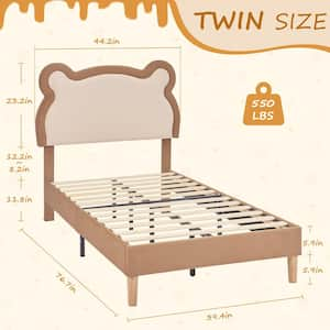 Twin Bed Frame for Kids, Beige Upholstered Platform Bed with Adjustable Bear Headboard, No Box Spring Needed