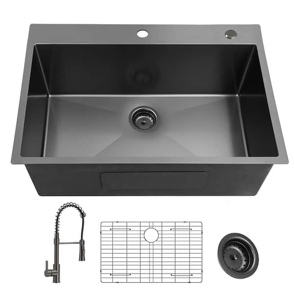 33 in. Drop-in Single Bowl 18 Gauge Gunmetal Black Stainless Steel Kitchen Sink with Faucet and Bottom Grids