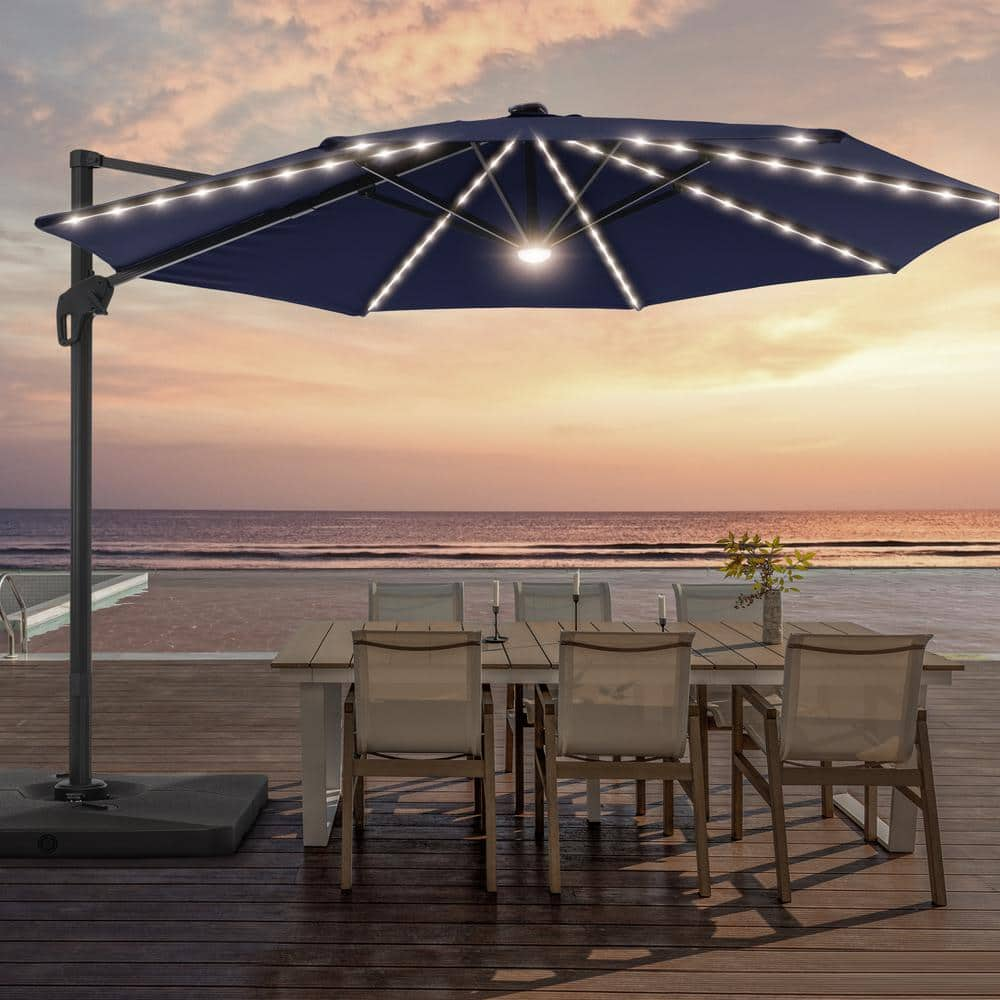 11FT Round Aluminum Frame Outdoor Cantilever LED Umbrella Patio Umbrella 360° Rotation System, Navy Blue -  JOYESERY, J-LED140BL