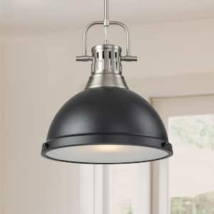 60 -Watt 1-Light Satin Nickel and Black Shaded Pendant Light with Frosted Glass Shade, No Bulbs Included
