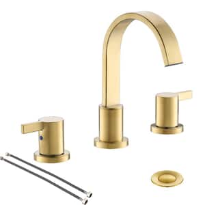 8 in. 2 Handle Waterfall Widespread Brushed Gold Bathroom Sink Faucet with Metal Pop-Up Drain