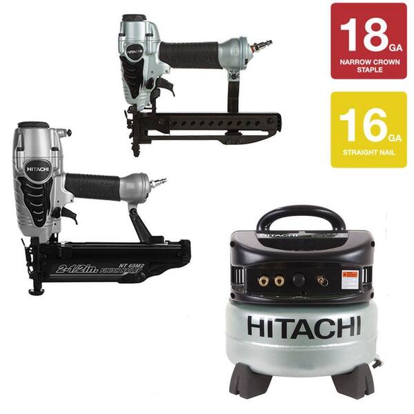 Hitachi 16-gauge 2-1/2 in. Finish Nailer with Air Duster, 1/4 in. Narrow Crown Stapler and 6 gal. Compressor Kit (3-Piece)