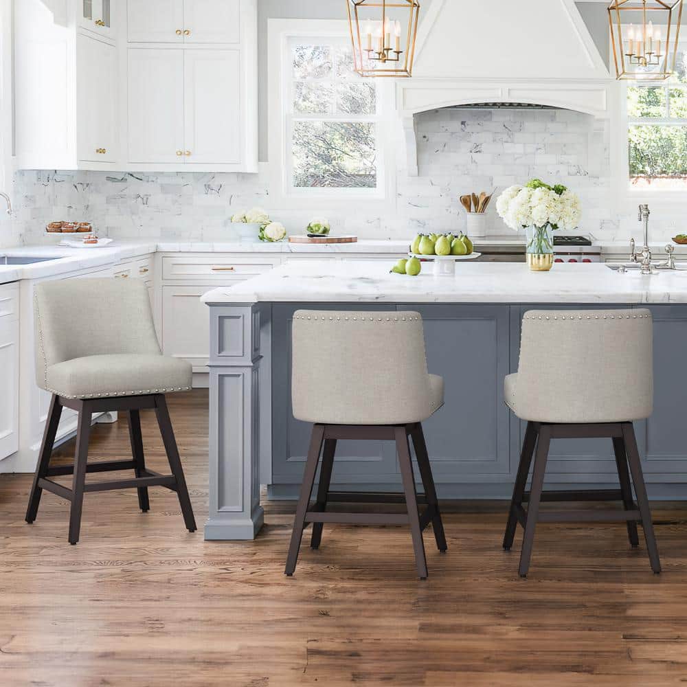 Oyster Gray Swivel Counter Height Bar Stools with Wood Legs, Set of 3
