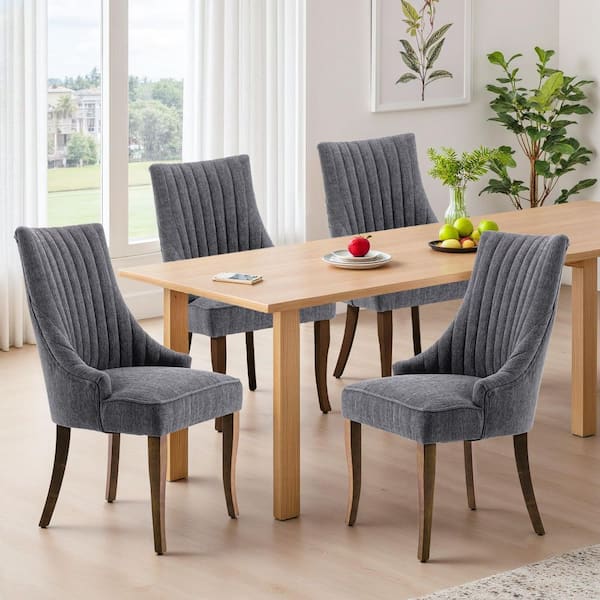 Chic Gray Linen Channel Tufted Back Dining Chairs Set of 4 with Curved Solid Wood Legs for Dining Room