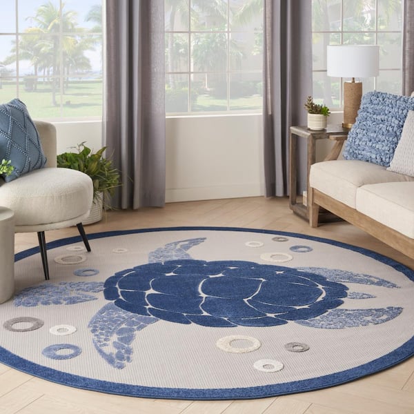 Aloha Navy Blue 5 ft. x 5 ft. Coastal Sea Turtle Beach Contemporary Indoor/Outdoor Round Area Rug