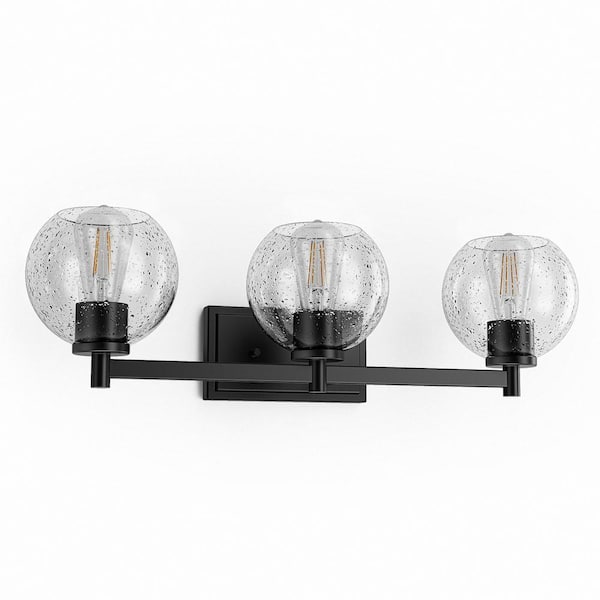 Briignite 25 in. 3-Light Matte Black Globe Vanity Light with Clear Glass Shade Mounting Positions for Bathroom