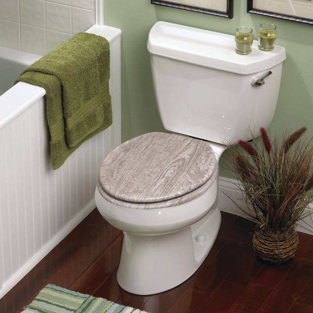 Round Distressed Gray Molded Wood Toilet Seat with Chrome Hinges
