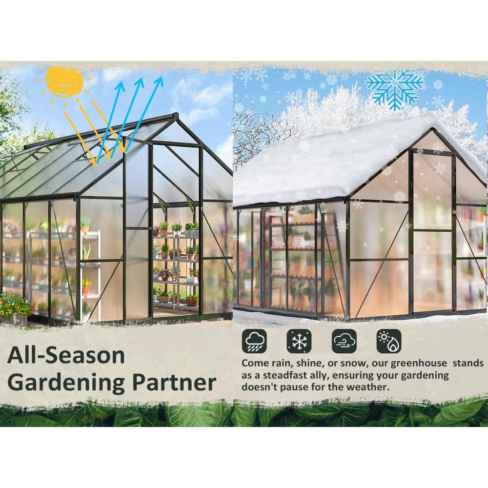 Black Aluminum Polycarbonate Walk-In Greenhouse 8x12 FT