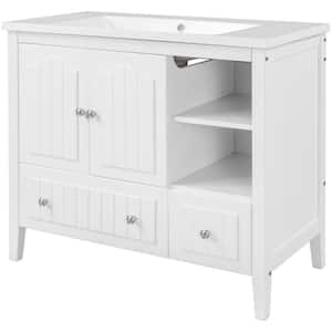 Solid Wood 36 in. W x 18.03 in. D x 32.13 in. H Freestanding Bath Vanity with Ceramic Top in White