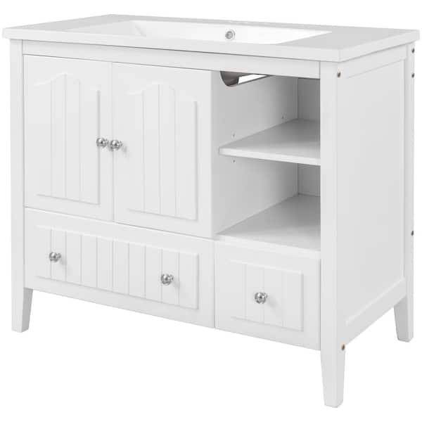 Unbranded Solid Wood 36 in. W x 18.03 in. D x 32.13 in. H Freestanding Bath Vanity with Ceramic Top in White