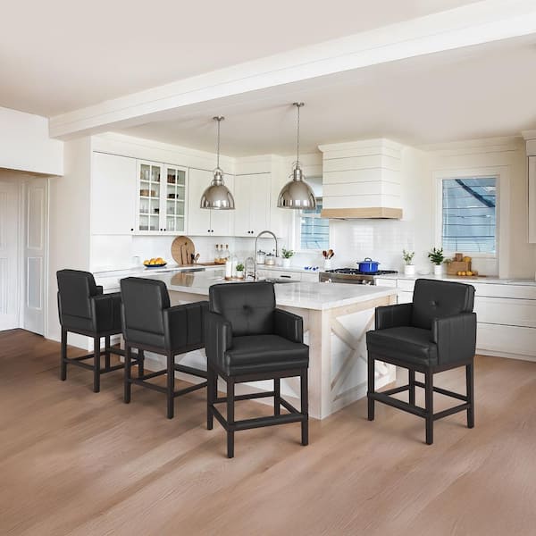 27 in. Black Faux Leather Upholstered Counter Height Bar Stool Armrests and Wood Frame Counter Stool (Set of 4)