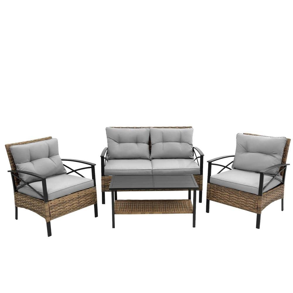 Rattan 4-Piece Patio Outdoor Wicker Sectional Low Dining Conversation Sofa 