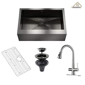 33 in. All-in-One Single Bowl Black Stainless Steel Farmhouse Kitchen Sink with Pull-Down Kitchen Faucet