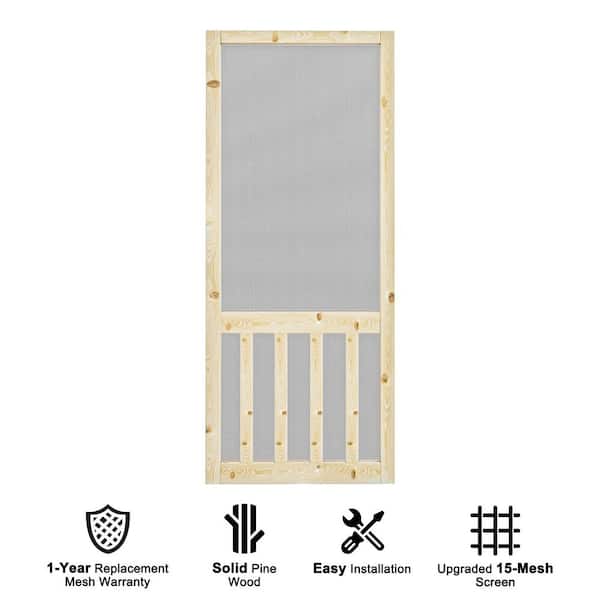 36 in. x 80 in. Single Universal Paneled Railing Style Unfinished Pine Wood and Gauze Mesh Hinged Screen Door