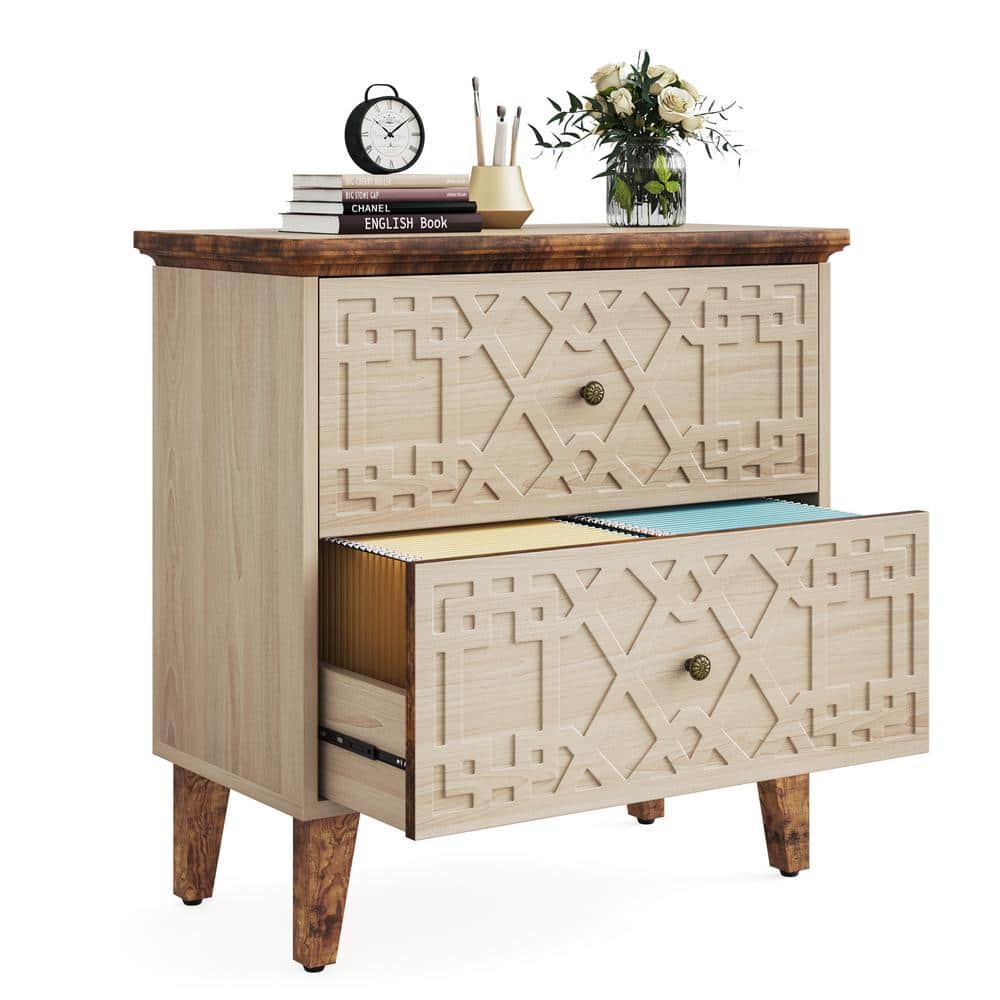 Beige and Brown 2-Drawer Wooden Legal Size File Cabinet