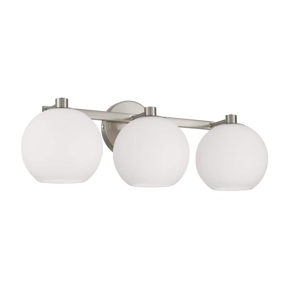 Brushed Nickel 3-Light Vanity with Soft White Glass Shades