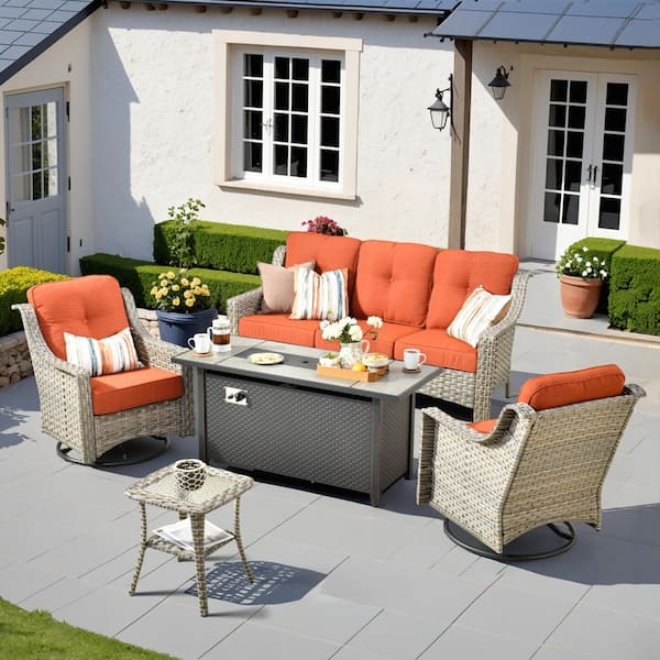Toject Eureka 5-Piece Wicker Patio Conversation Sofa Seating Set with Metal Fire Pit Table and Orange Red Cushions