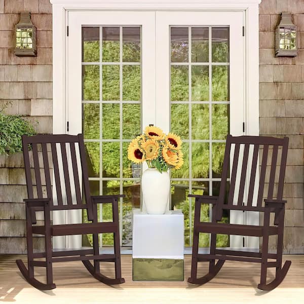 LUE BONA Orson Coffee Brown Acacia Wood Classic Weather-Resistant Outdoor Porch Rocker Outdoor Rocking Chair (Set of 2)