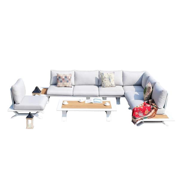 DIRECT WICKER Timea 6-Piece Aluminum Patio Sectional Sofa Seating Set with White Cushions and Side Table