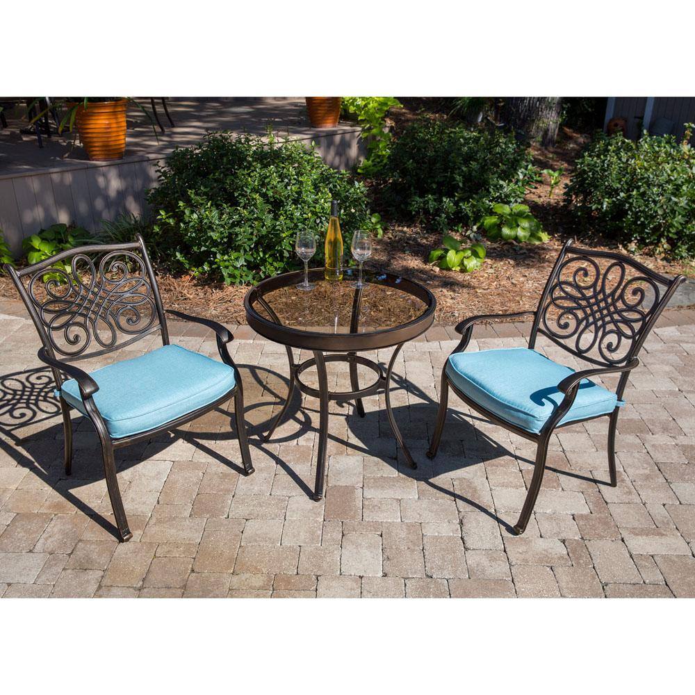 Hanover Traditions 3-Piece Aluminum Outdoor Bistro Set with Blue Cushions -  TRADDN3PCG-BLU