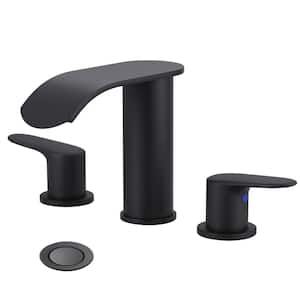 8 in. Widespread Double Handle Waterfall Bathroom Faucet with Pop-up Drain and Supply Hoses in Matte Black