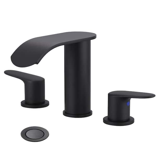 WOWOW 8 in. Widespread Double Handle Waterfall Bathroom Faucet with Pop-up Drain and Supply Hoses in Matte Black