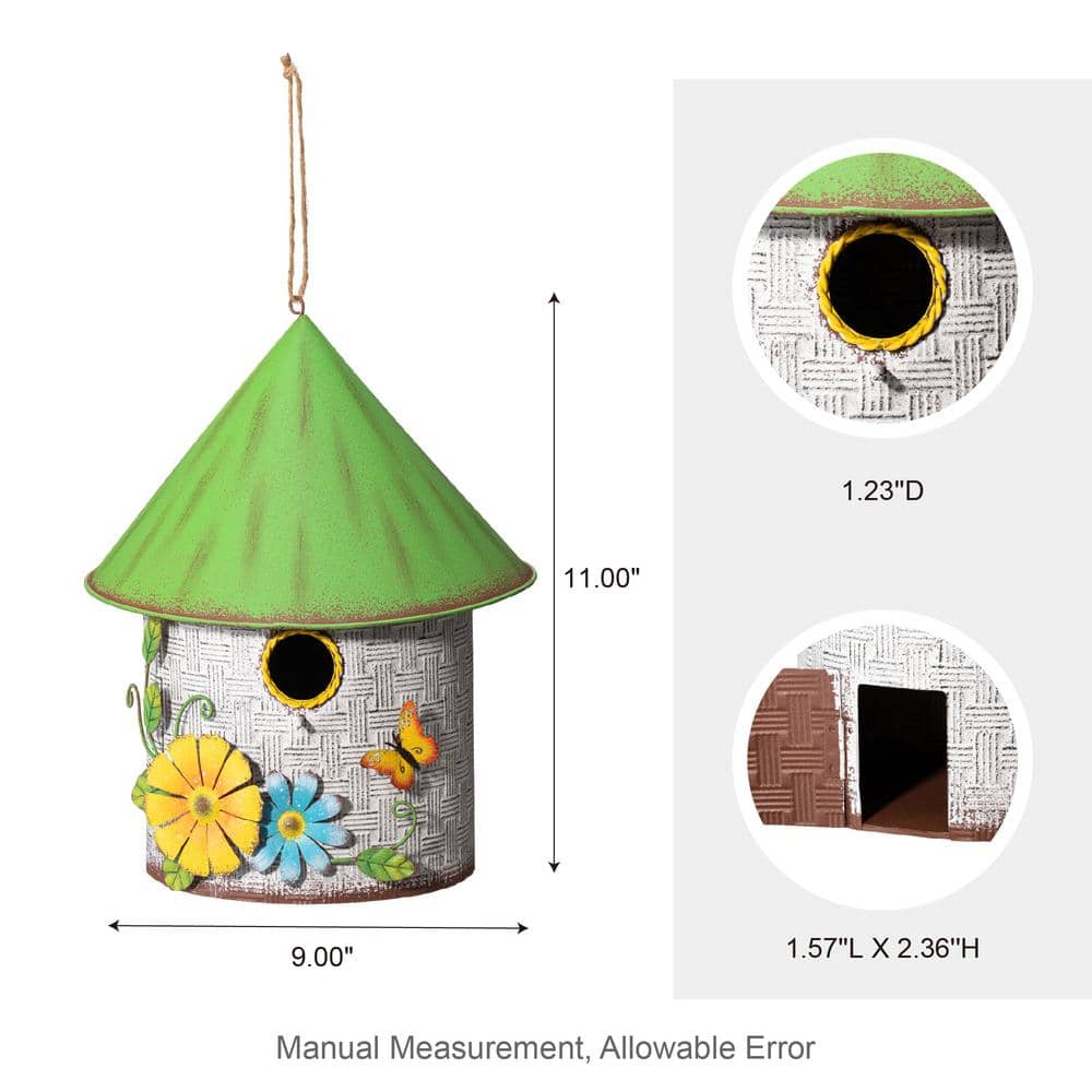 Distressed Metal Cottage Birdhouse with 3D Flowers and Butterfly