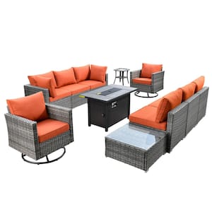 Messi Gray 11-Piece Wicker Outdoor Patio Conversation Sofa Fire Pit Set with Swivel Chairs and Orange Red Cushions