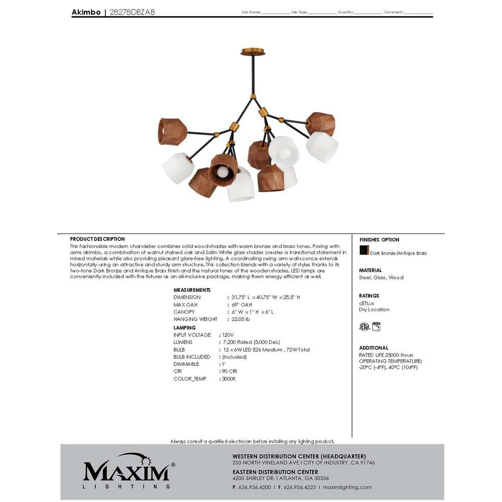 Akimbo 12-Light Dark Bronze and Antique Brass Chandelier with Wood and Glass Shades