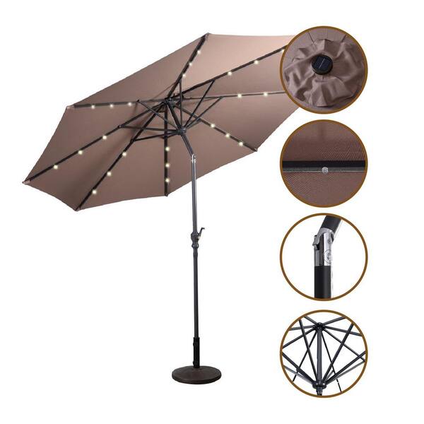 Wellfor 10 Ft Steel Market Solar Tilt Patio Umbrella With Crank And Led Lights In Tan Op Hwy 2805tn - Solar Lights For 10 Ft Patio Umbrella