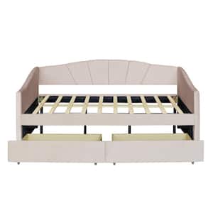 Beige Twin Daybed with 2-Drawers, Velvet Upholstered Twin Size Daybed Sofa Bed for Bedroom Living Room