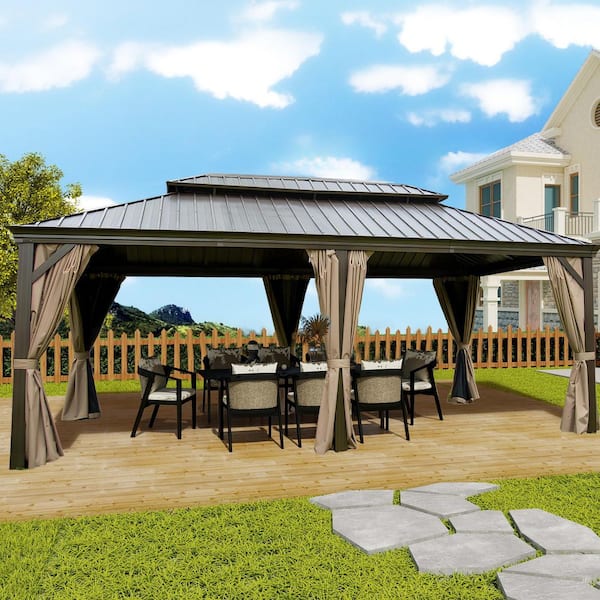 12 ft. x 20 ft. Brown Outdoor Aluminum Gazebo with Galvanized Steel Double Canopy Curtains and Netting for Deck Backyard