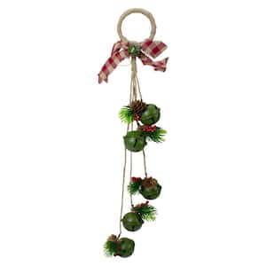 15 in. Pine and Green Jingle Bell Christmas Door Hanger with Plaid Bow