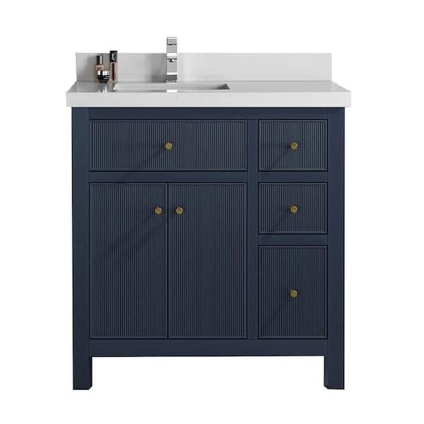 Willow Collections Sonoma 36 in. W x 22 in. D x 36 in. H Left Offset Sink Bath Vanity in Navy Blue with 2 in Carrara Quartz Vanity Top