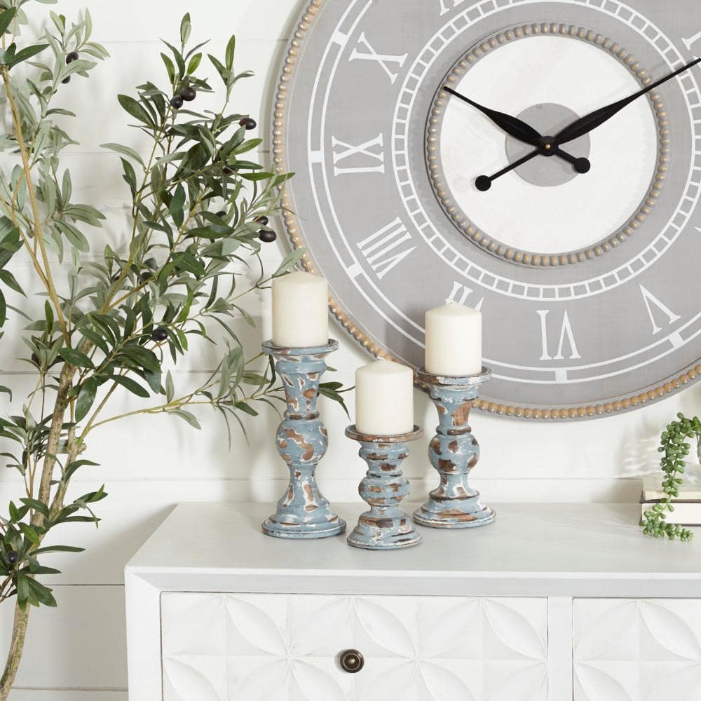 Distressed Light Blue Mango Wood Candelabra Set of 3