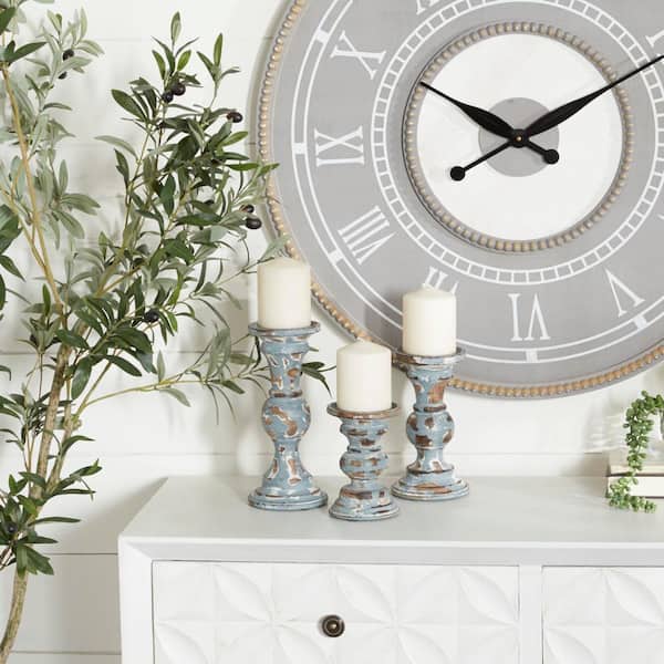Litton Lane Light Blue Wood Candle Holder (Set of 3)