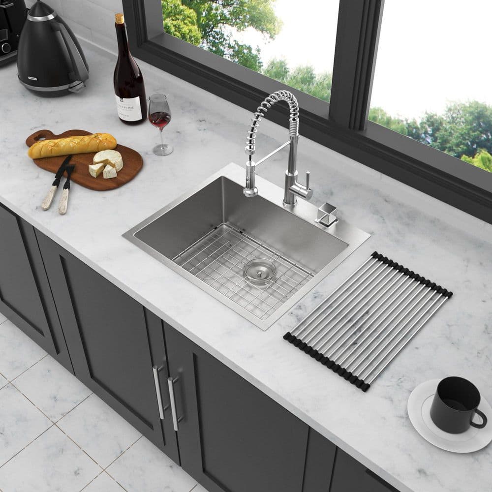 28 in. Drop in Single Bowl 16-Gauge Brushed Nickel Stainless Steel Kitchen 