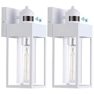 13.2 in. White Motion Sensing Modern Porch Lights Outdoor Hardwired Wall Lantern Scone with No Bulbs Included (2-Pack)