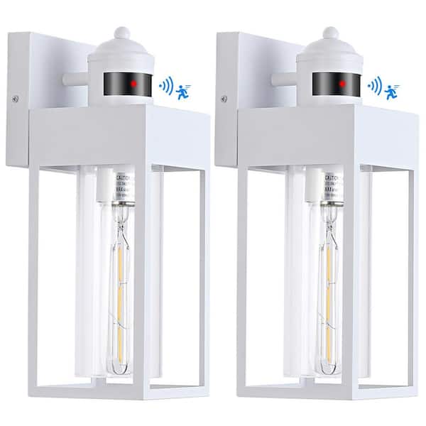HKMGT 13.2 in. White Motion Sensing Modern Porch Lights Outdoor Hardwired Wall Lantern Sconce with No Bulbs Included (2-Pack)